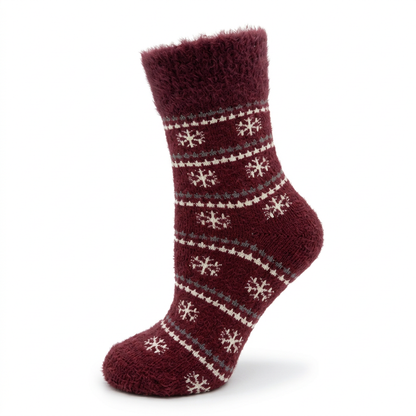 Bordeauxrote Socke mit Schneeflockenmuster als Produktbild