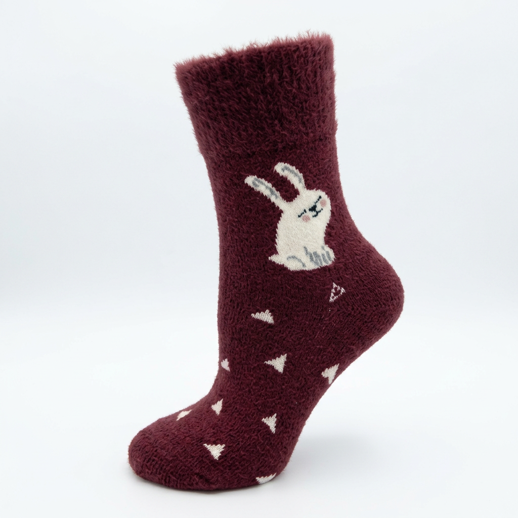 Bordeauxrote Wintersocke mit Hasenmotiv als Produktbild