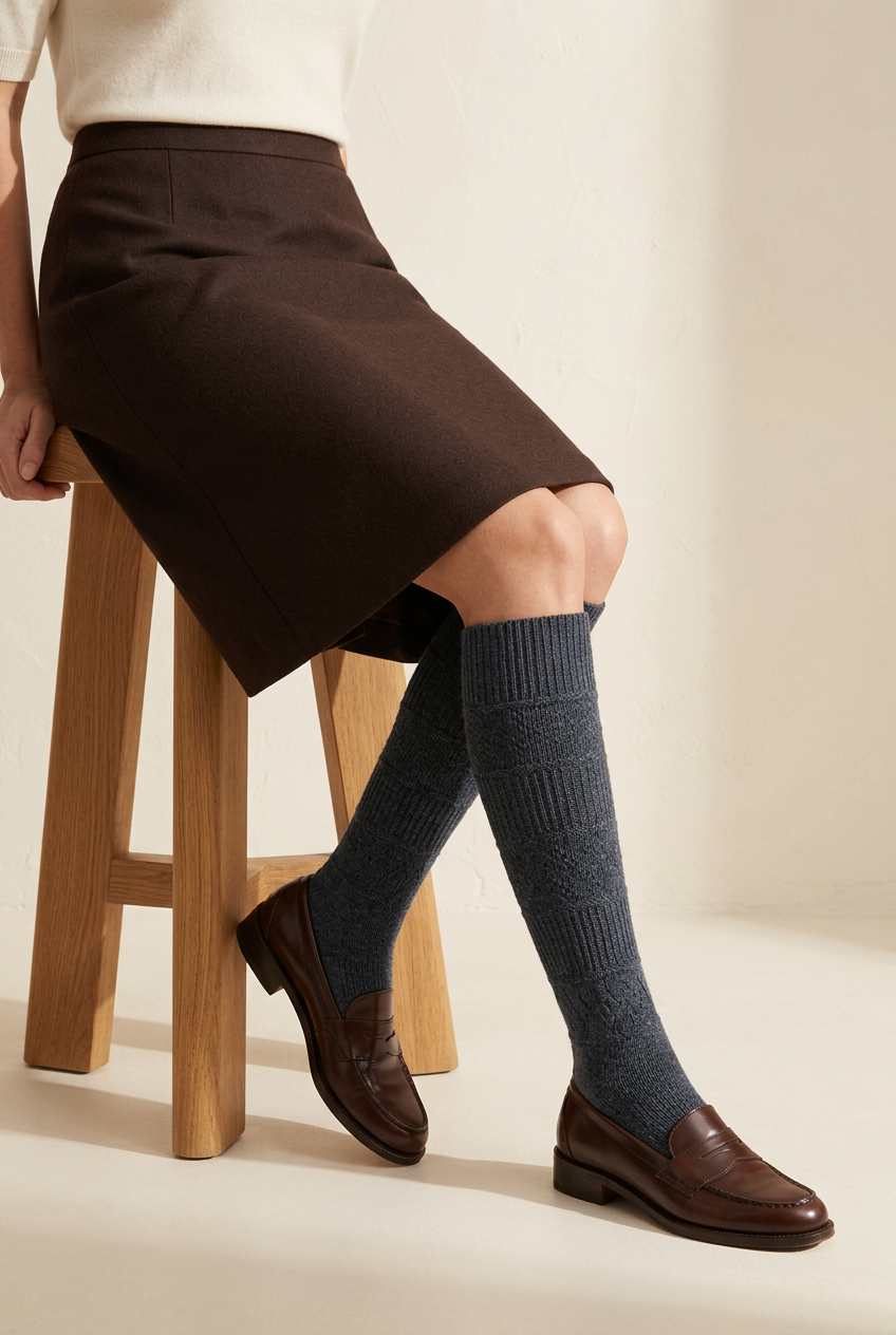 Elegantes Styling mit Wollrock und grauen Kniestrümpfen