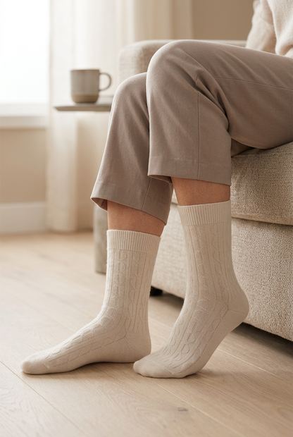 Frau mit cremefarbenen Angora-Wollsocken mit Zopfmuster