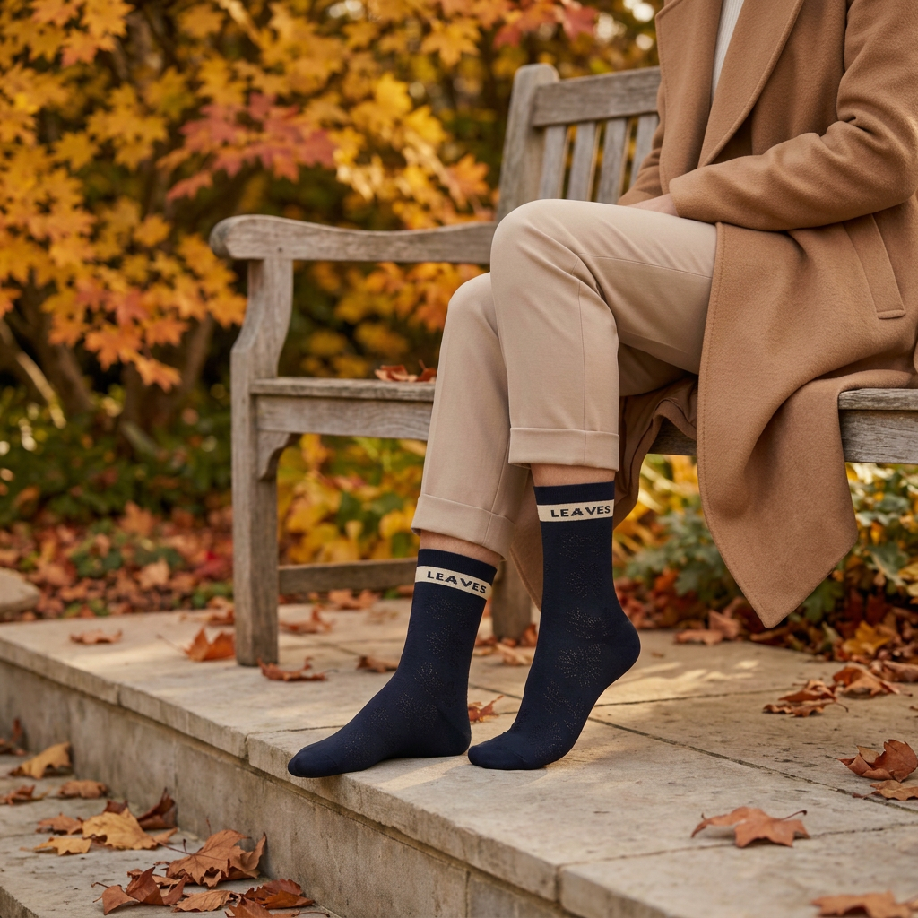 Quadratisches Produktbild der LEAVES-Socken in herbstlicher Umgebung